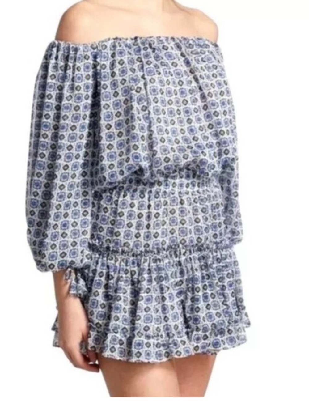 NWT MISA Los Angeles Zonia Off Shoulder Chiffon Mini Dress Blue Small - Picture 4 of 7